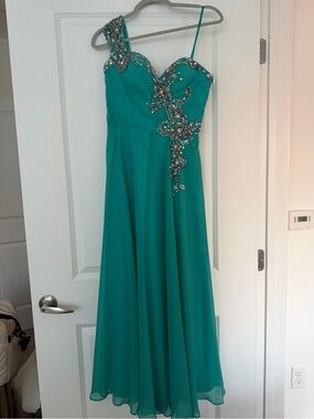 Dave & Johnny Teal One-Shoulder Beaded Chiffon Maxi Dress